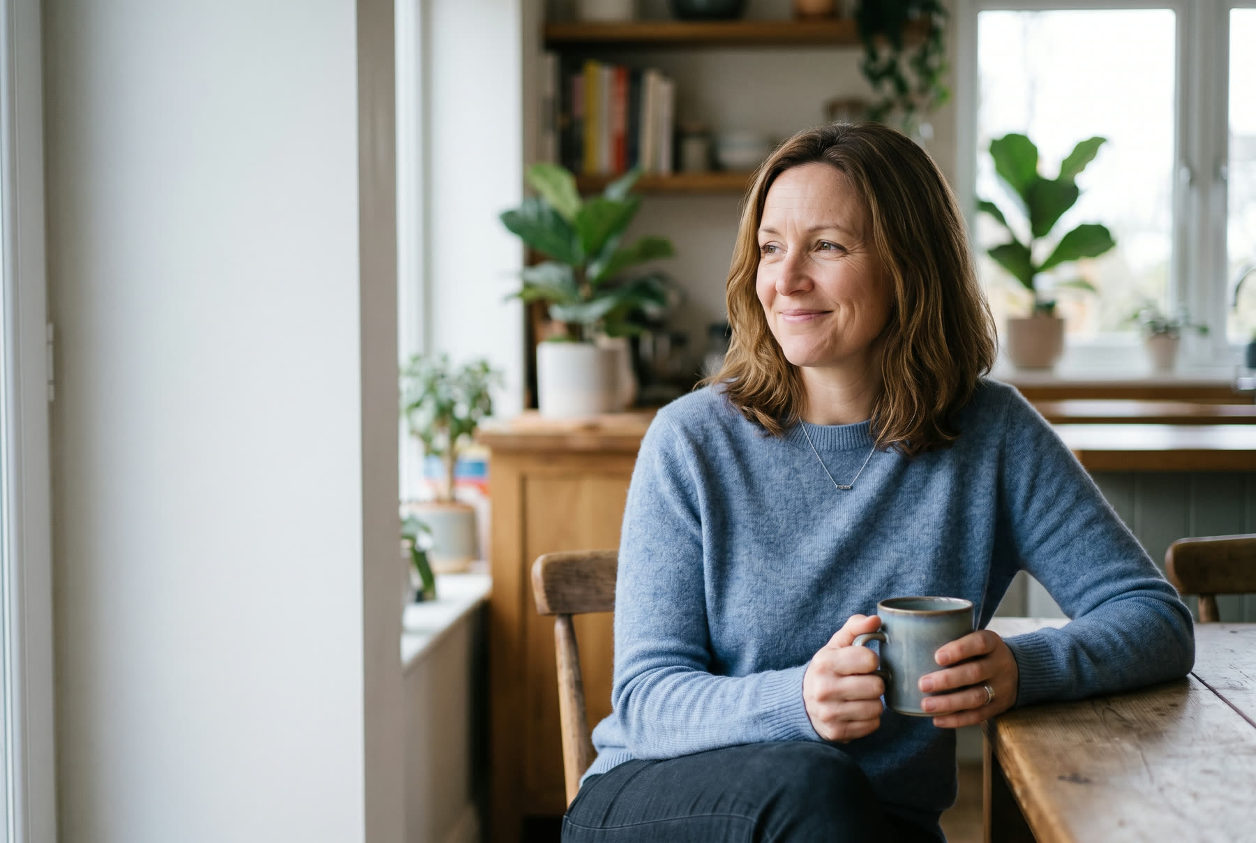 A woman enjoying a quiet morning at home with a cup of coffee